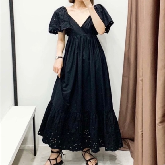 ZARA Black Eyelet Lace Midi Dress - Picture 1 of 13